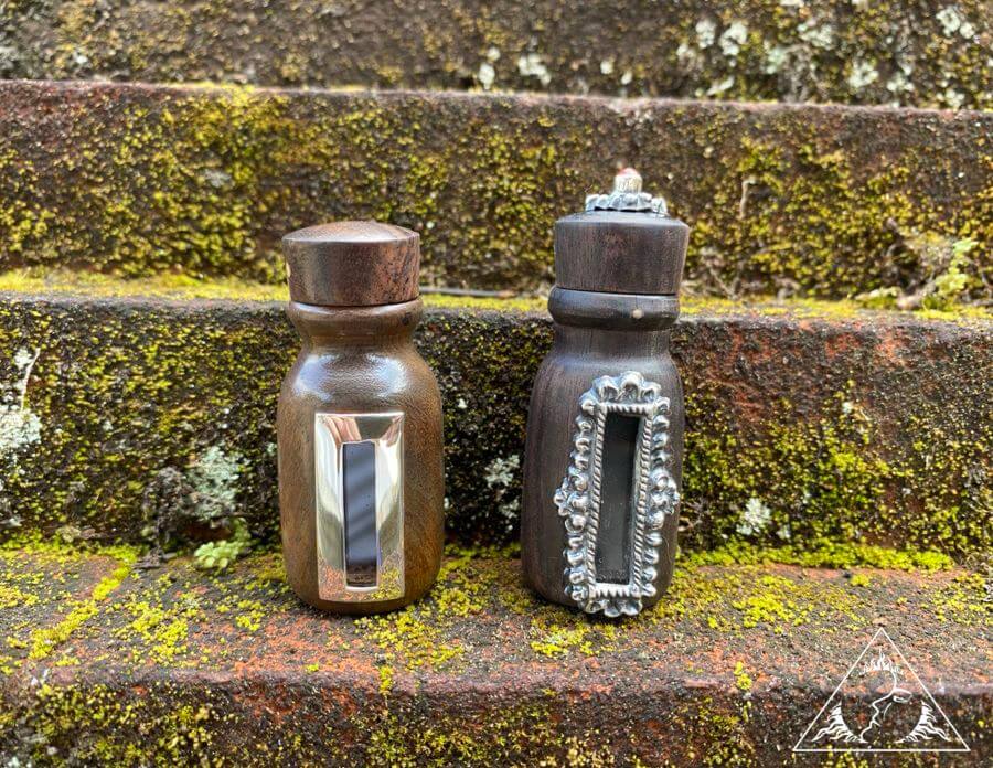 Hardwood storage bottle with silver decor and glass window, threaded cap, wholesale for tobacco or rapé.