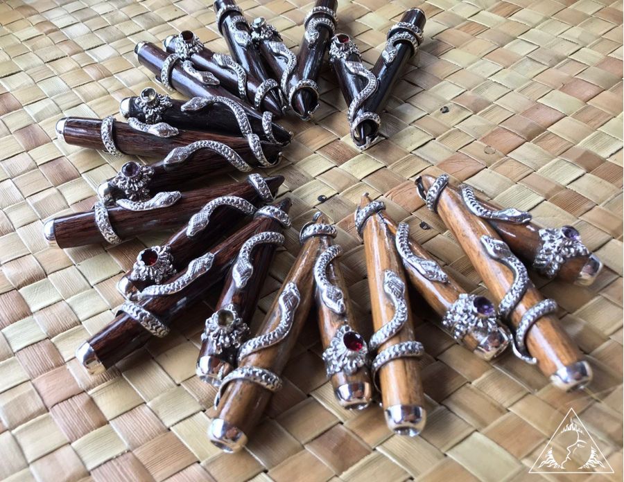 Kuripe pipes with cast silver snakes and gemstones, wholesale by Dewata Studio Bali