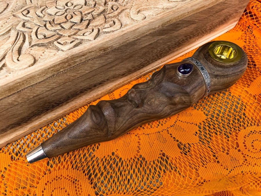 Shaman Face Mapacho Smoking Pipe with Amethyst, Silver & Brass – Handmade in Bali by Dewata Studio
